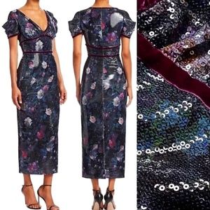 NWT Marchesa Notte Sequin Floral Tea Length Sequin Dress Size 8